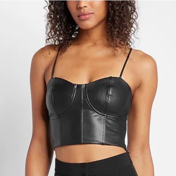 Express | Body Contour Black Faux Leather Corset Cropped Top M - Picture 1 of 5